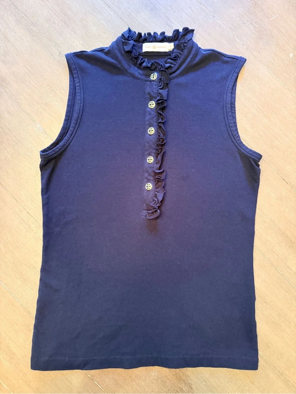 Tory Burch Ruffle Sleeveless Top Navy Gold Logo Buttons Size Medium